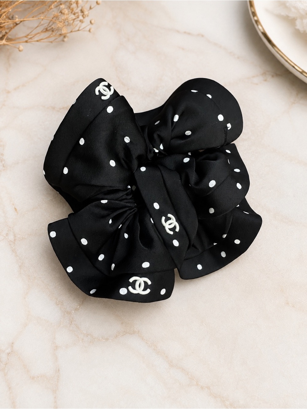 CC Black and White Polka Dot Bow Hair Scrunchie - Picture 2 of 3
